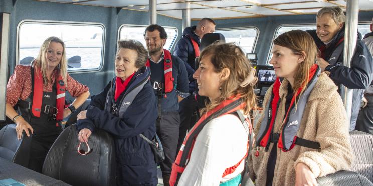 HRH The Princess Royal talks to academics and students while on the University of Plymouths research vessel Falcon Spirit Credit University of Plymouth